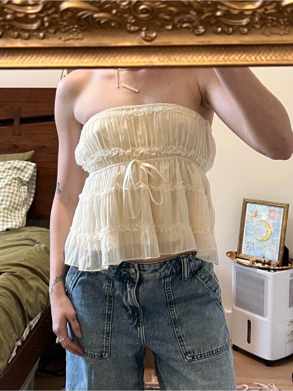 Edikted Cream Strapless Ruffled Flowy Crop Top - Picture 2 of 5